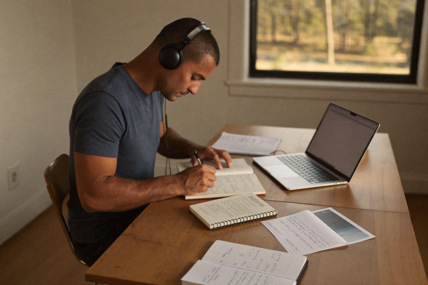 A man in headphones taking notes at a wooden desk beside an open laptop