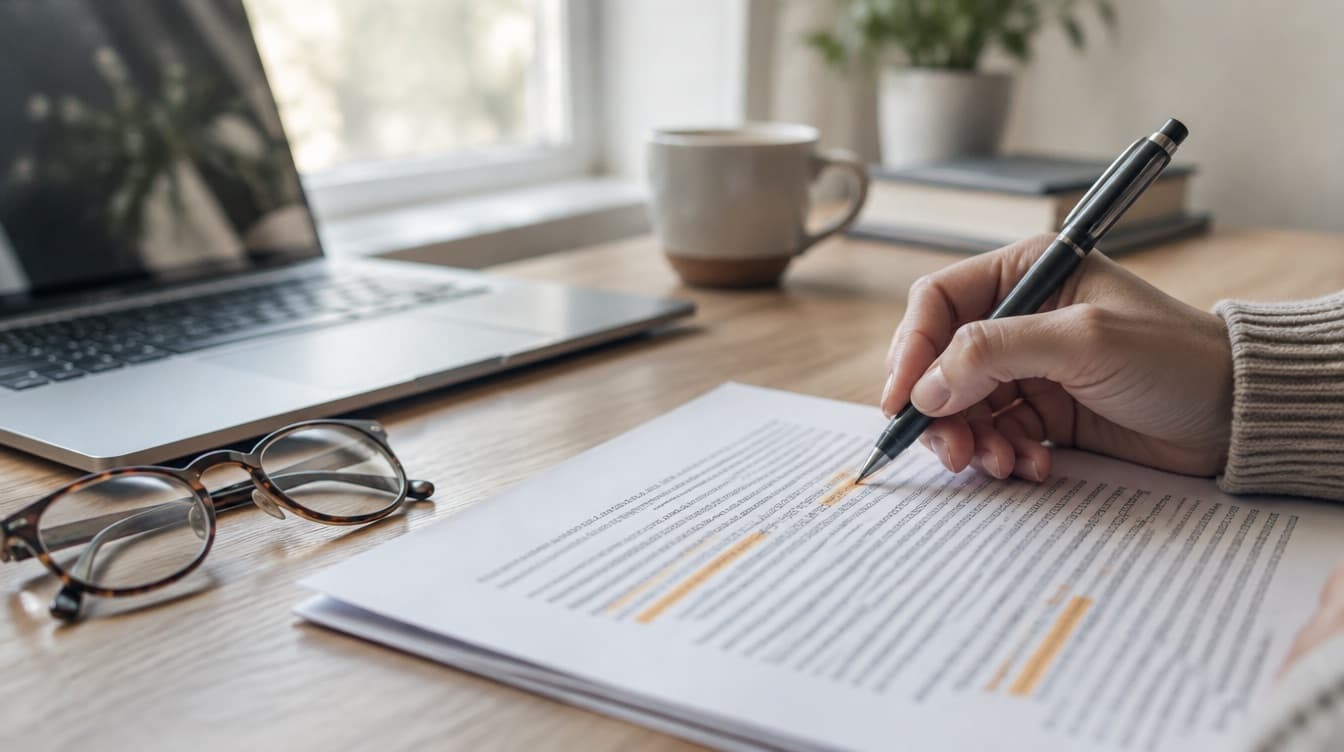 A hand highlighting passages in a printed document beside a laptop and reading glasses