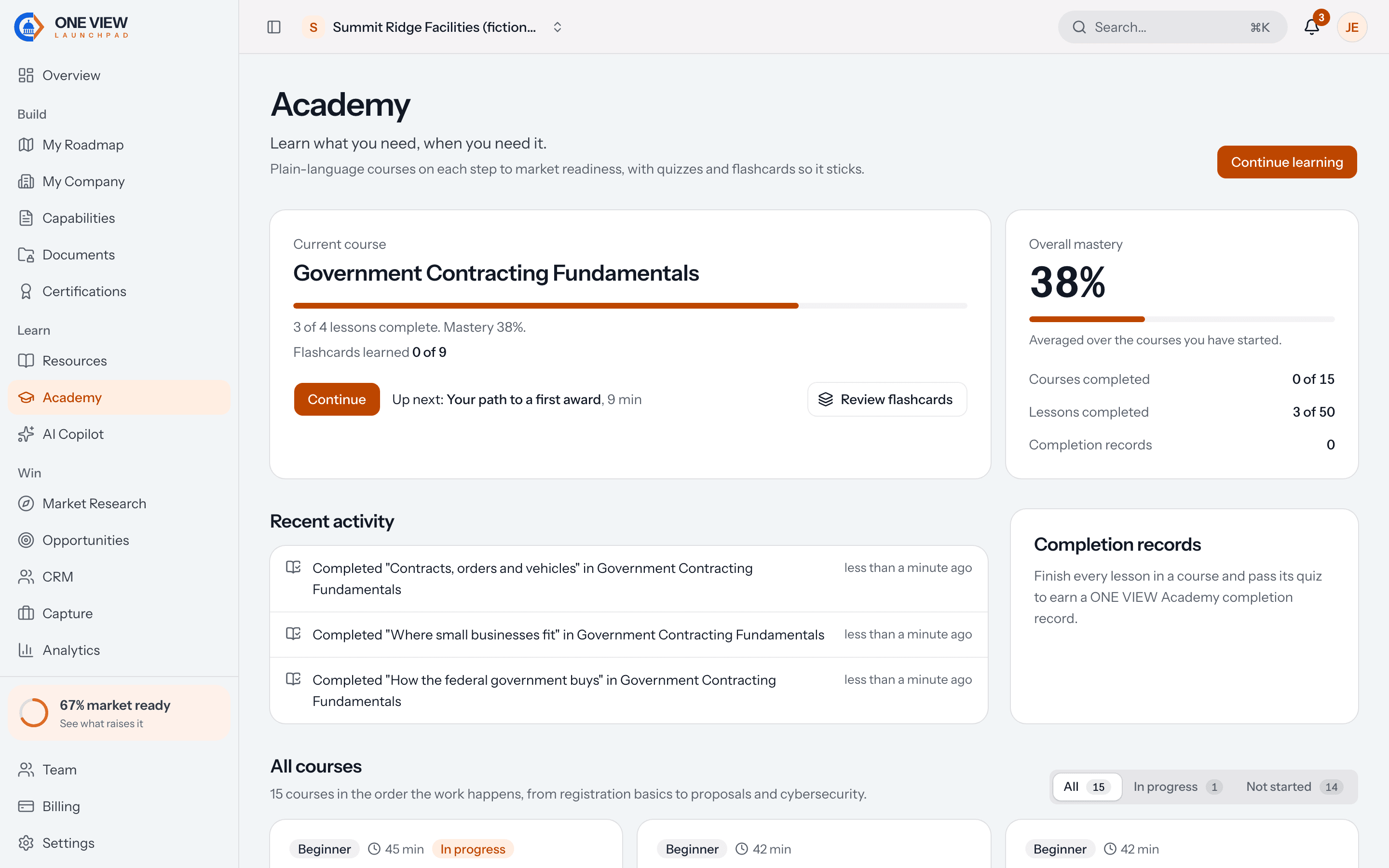 GovCon Academy in the app: the current course three of four lessons in, overall mastery at 38%, recent activity, and the course catalogue.