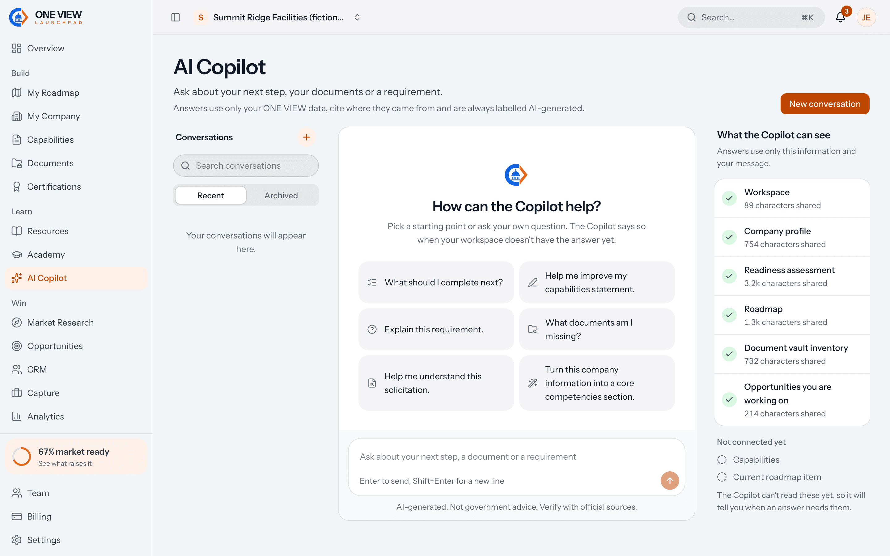 The AI Copilot screen: conversation list on the left, six suggested questions in the centre, and the context panel showing what the Copilot can see on the right.