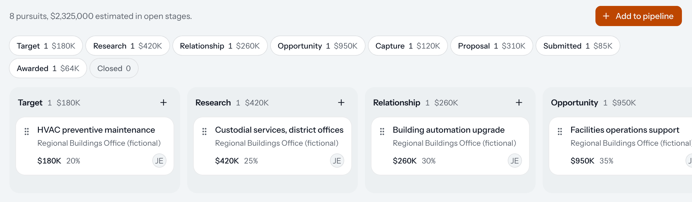 The ONE VIEW CRM pipeline board cropped to the Target, Research, Relationship and Opportunity columns, each showing agency, value and probability.