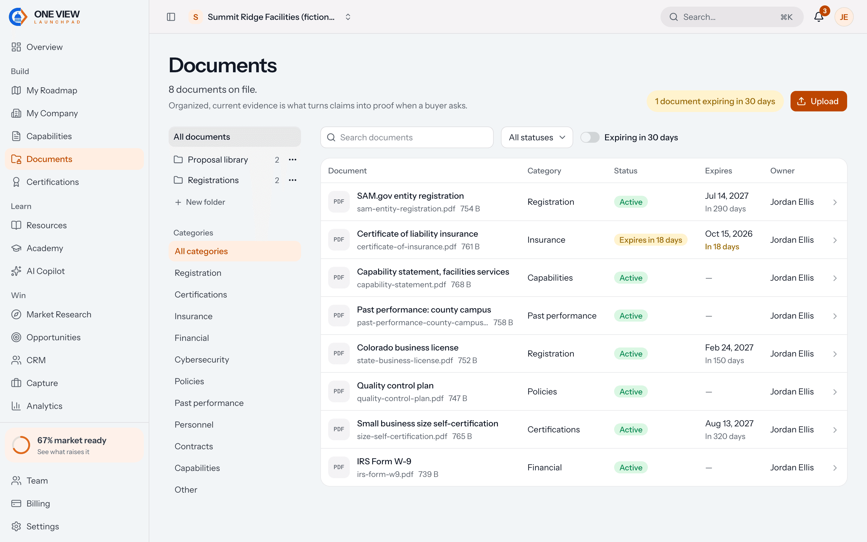 The documents vault in the app: eight documents in categories, each with its status, expiry and owner, and one insurance certificate expiring in 18 days.