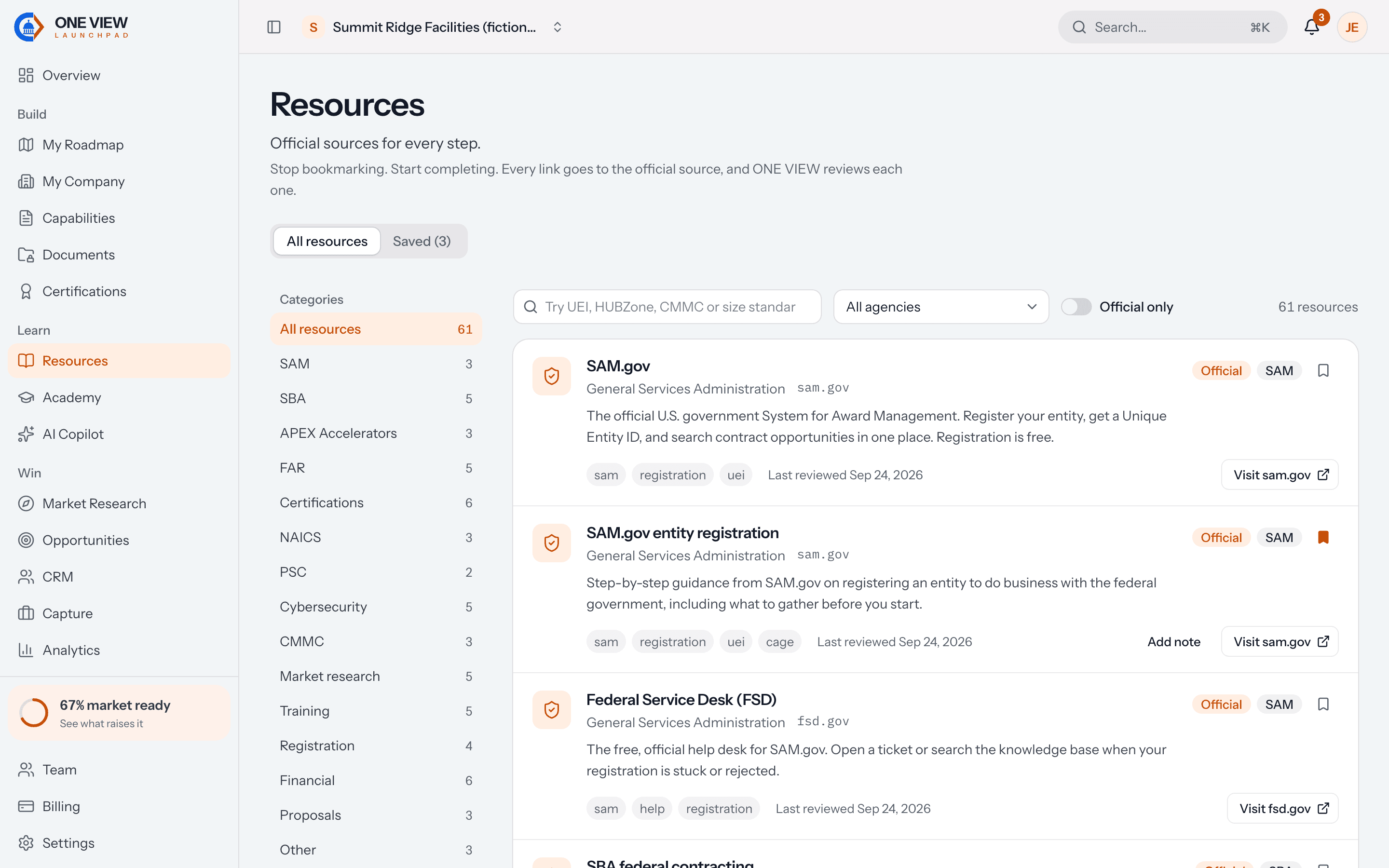 The resource hub in the app: categories with counts on the left, and official sources such as SAM.gov and the Federal Service Desk, each marked official with its last review date.