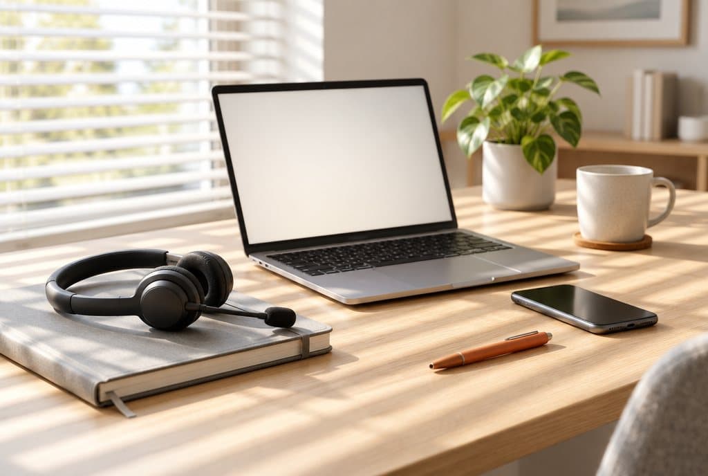 A headset resting on a notebook beside a laptop and a phone on a sunlit desk