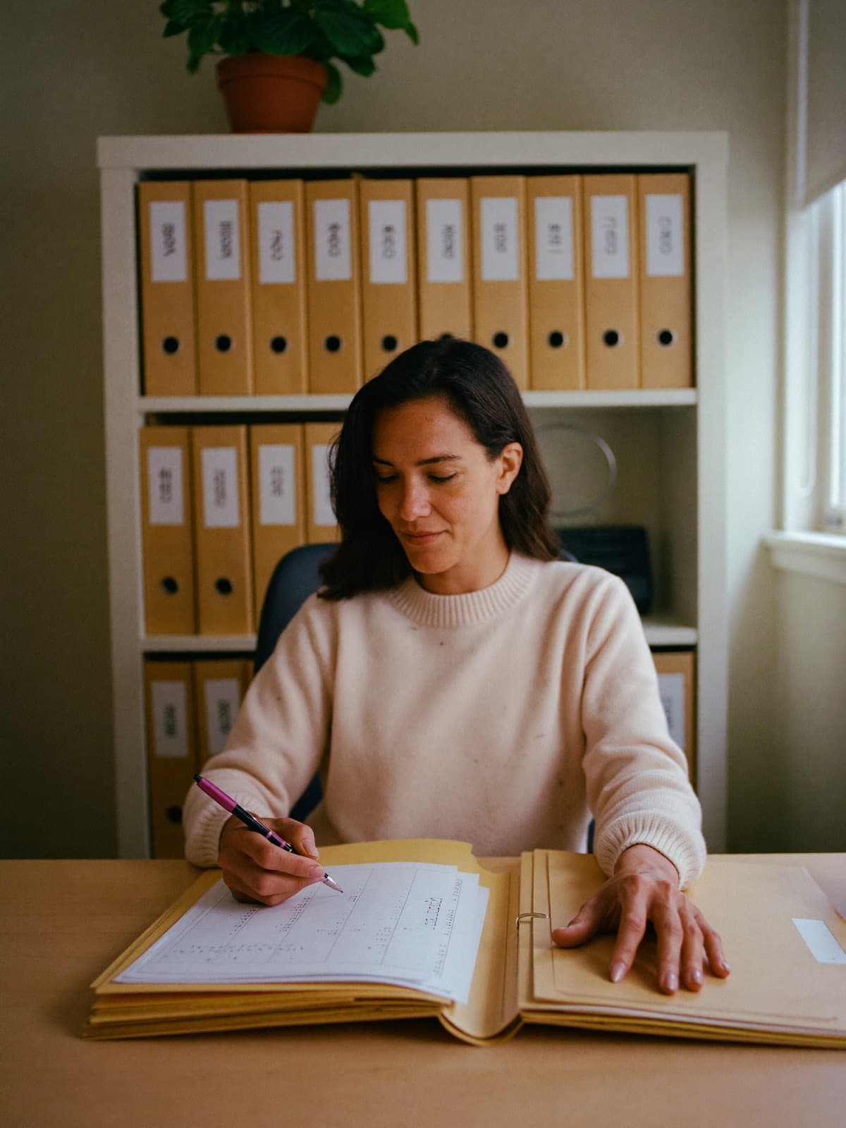 A business owner at her desk working through labelled folders and a printed checklist, shelves of binders behind her