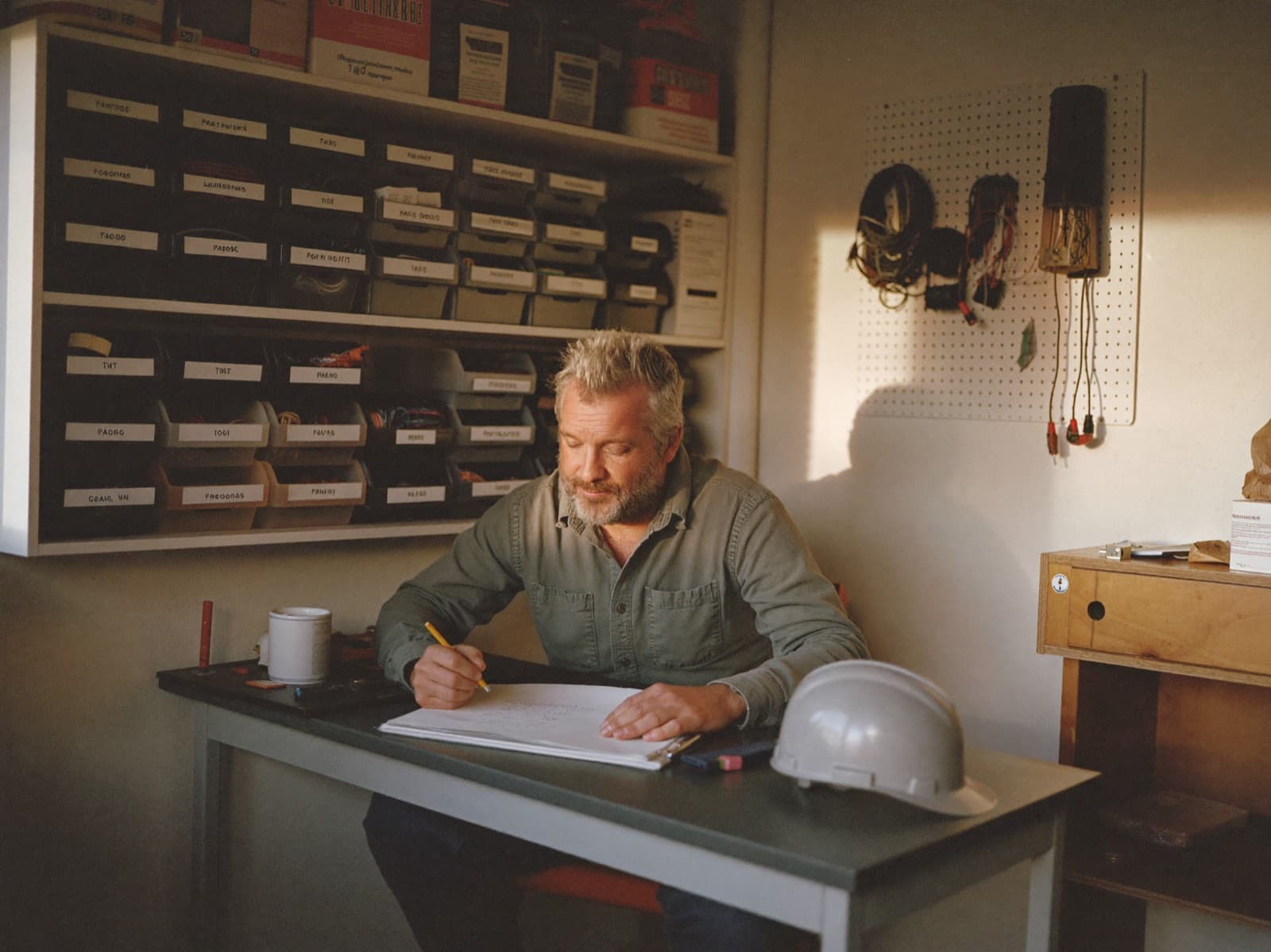 An electrical contractor at a desk in the corner of his workshop, working through a printed page between jobs