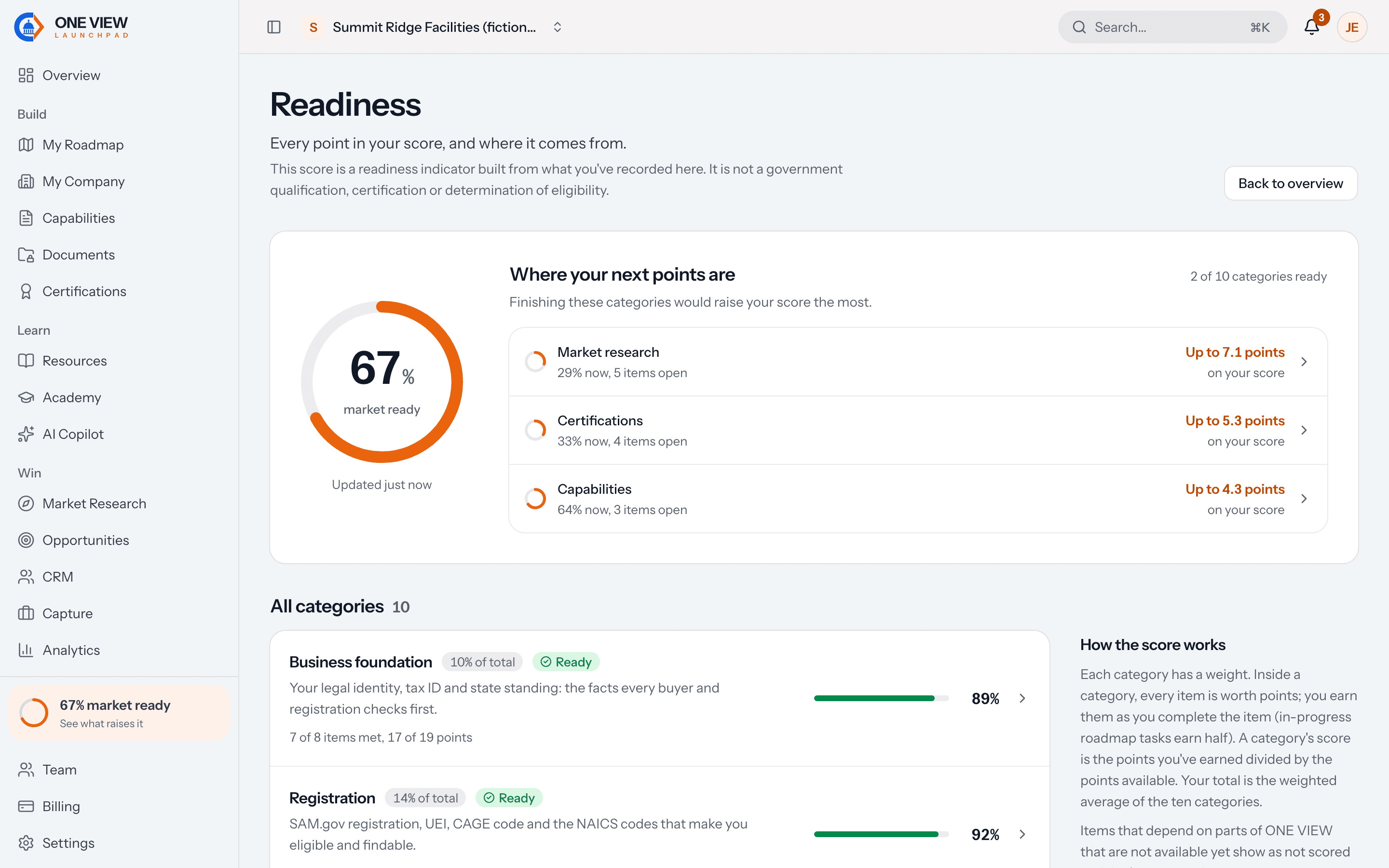 The readiness page in the app: a 67% score, the three categories where the next points are, and the first category rows with their items met and points.